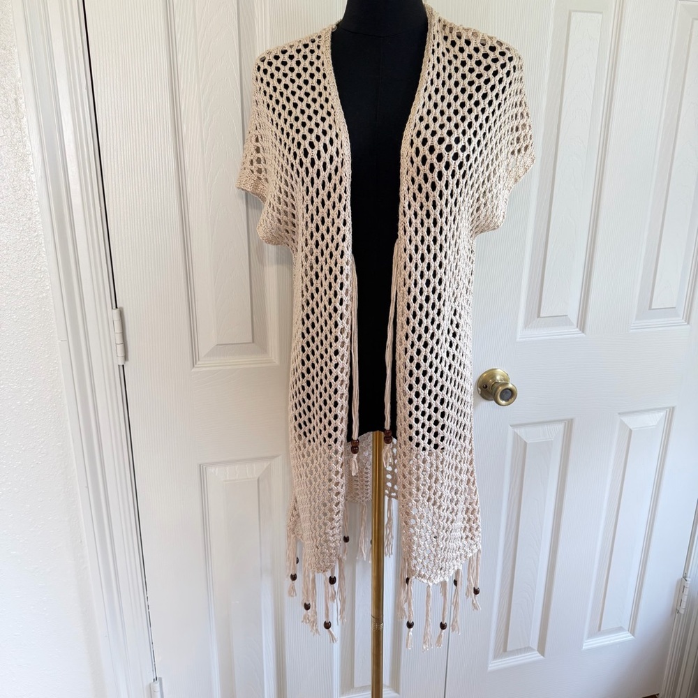 Artesia Cream Crochet Fringe small boho knit beach coverup cardigan festival - Picture 4 of 9